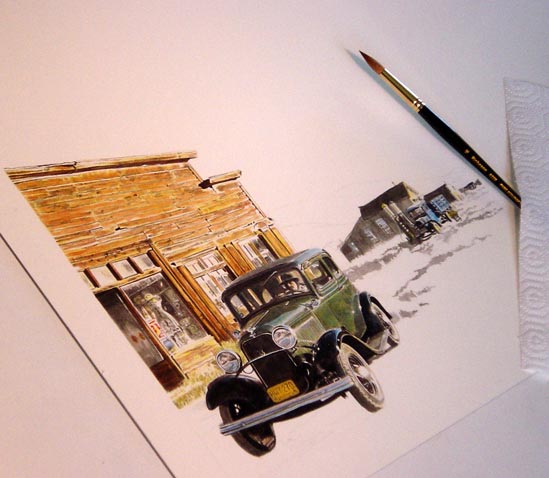 painting in progress, 1932 Ford at Bodie State Historic Park